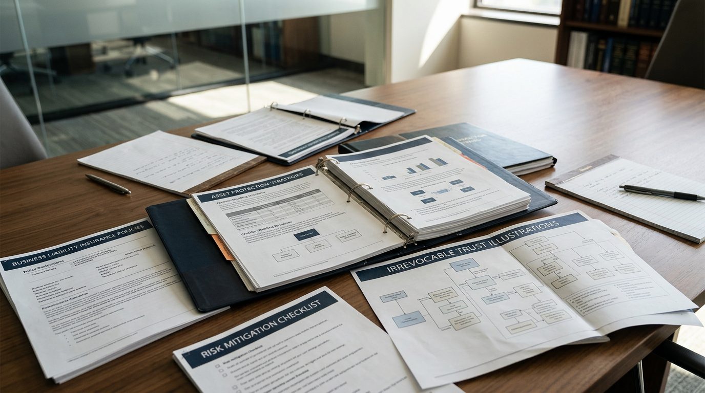 Conference table with binders, trust documents, and insurance policies for Florida asset protection planning.