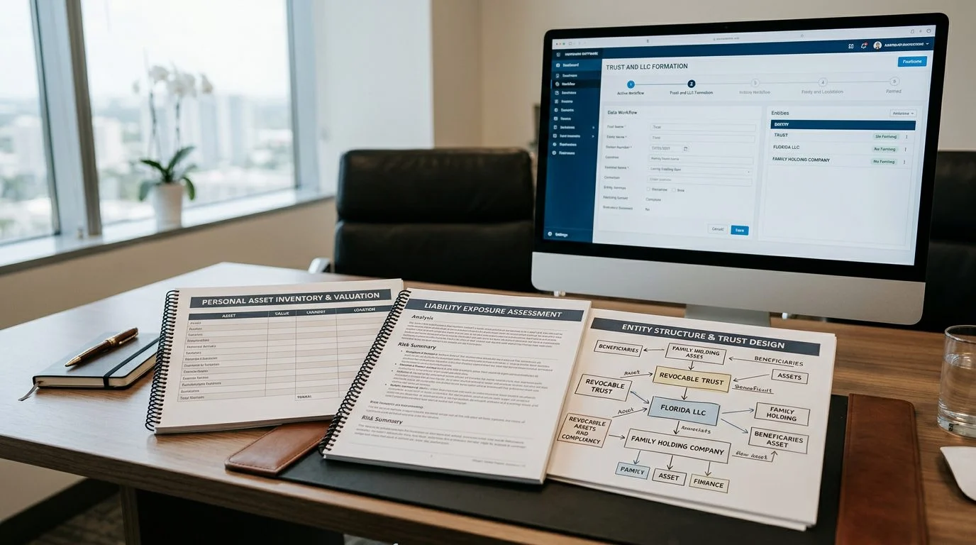 Desk in an asset protection attorney's office with asset inventories, liability assessments, entity diagrams, and trust and LLC software on screen.