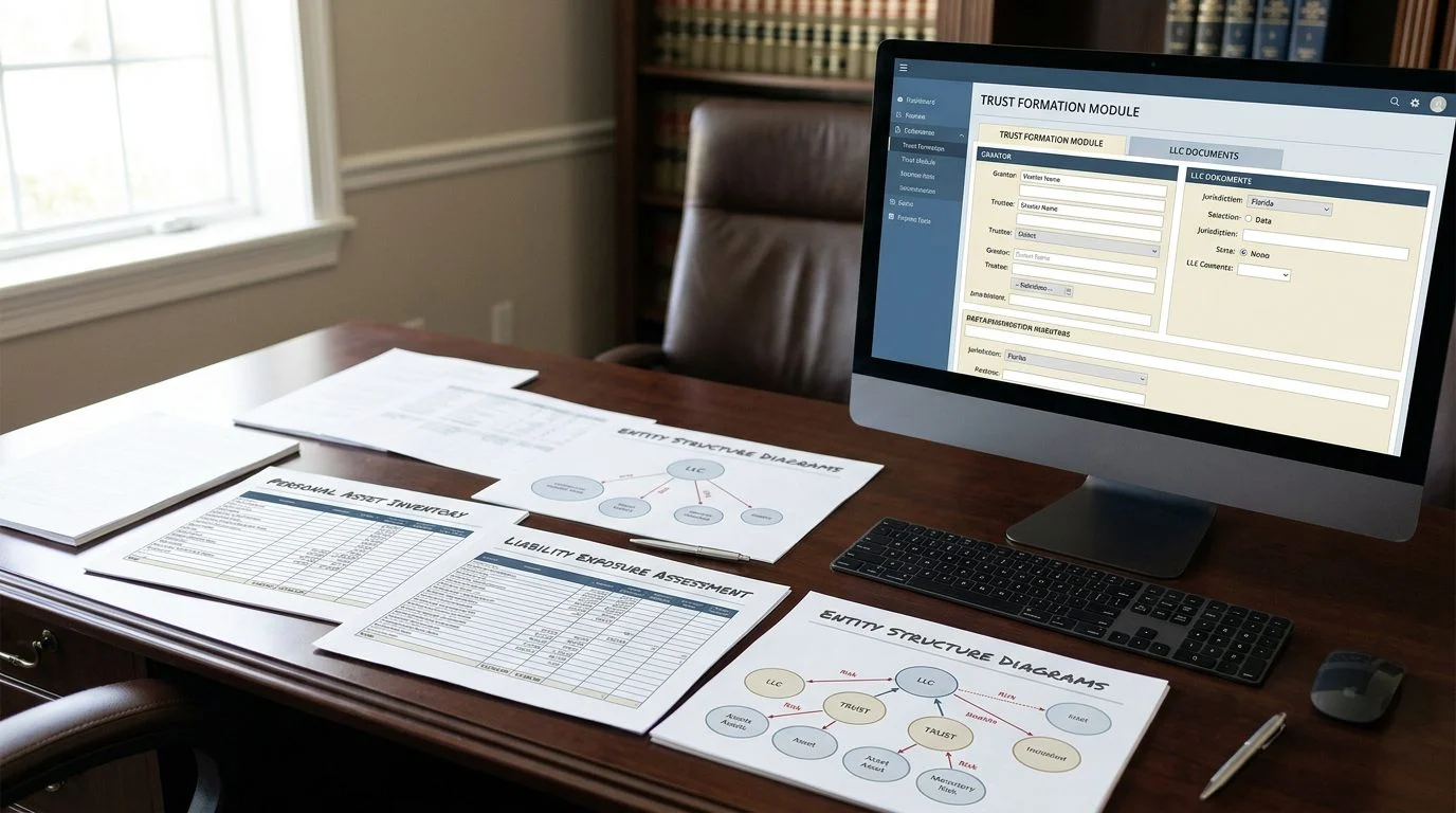 Desk in an asset protection attorney's office with asset spreadsheets, liability assessments, entity diagrams, and trust software on a computer