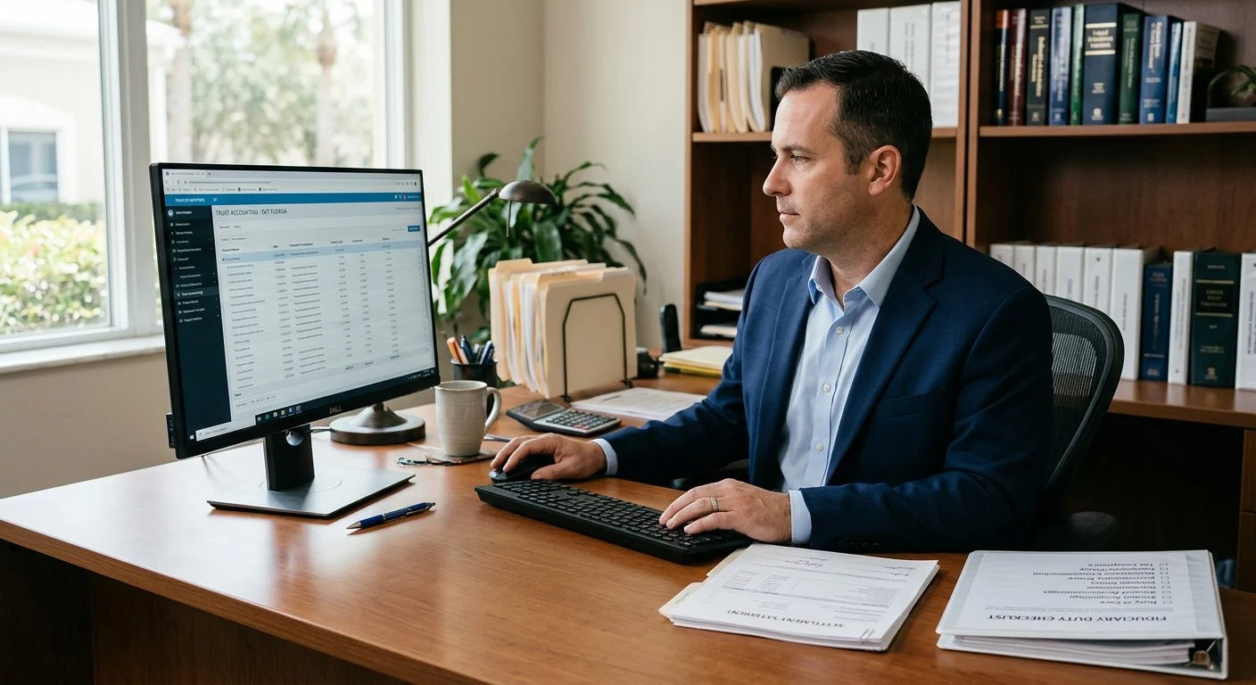 Desk with a computer showing trust accounting software, beside settlement statements and a fiduciary duty checklist.