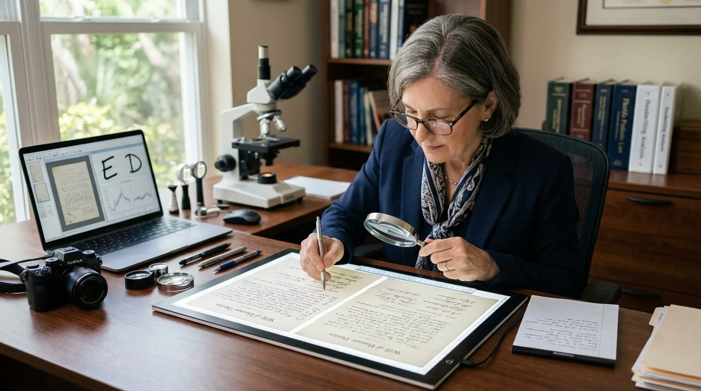 Desk with a handwritten document, magnifying glass, and pen for analyzing a contested will in Florida.