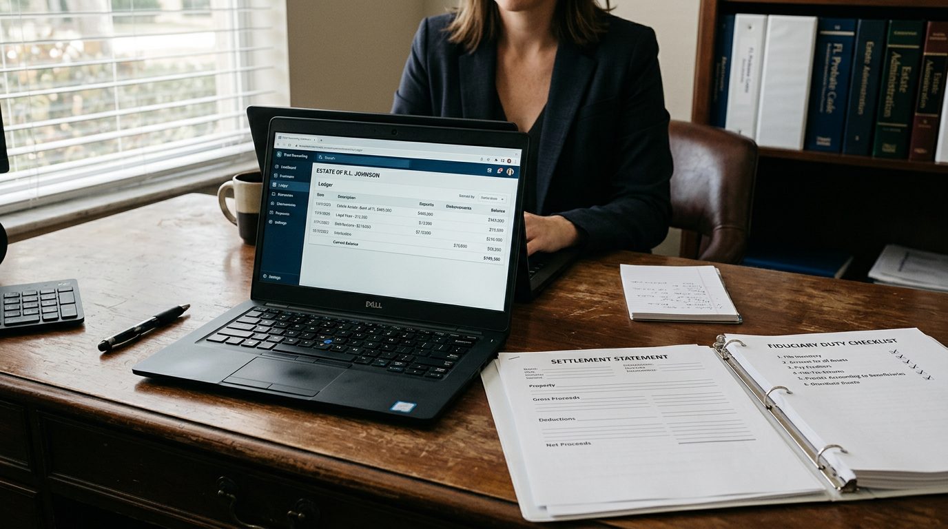 Escritorio con portátil mostrando software de contabilidad fiduciaria, junto a liquidaciones y una lista de deberes fiduciarios.