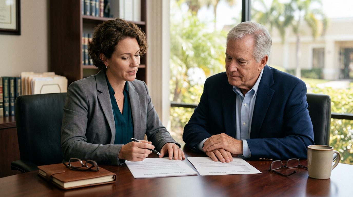 Desk with a trust document, calculator, pen, and house keys for a Florida successor trustee cost guide.