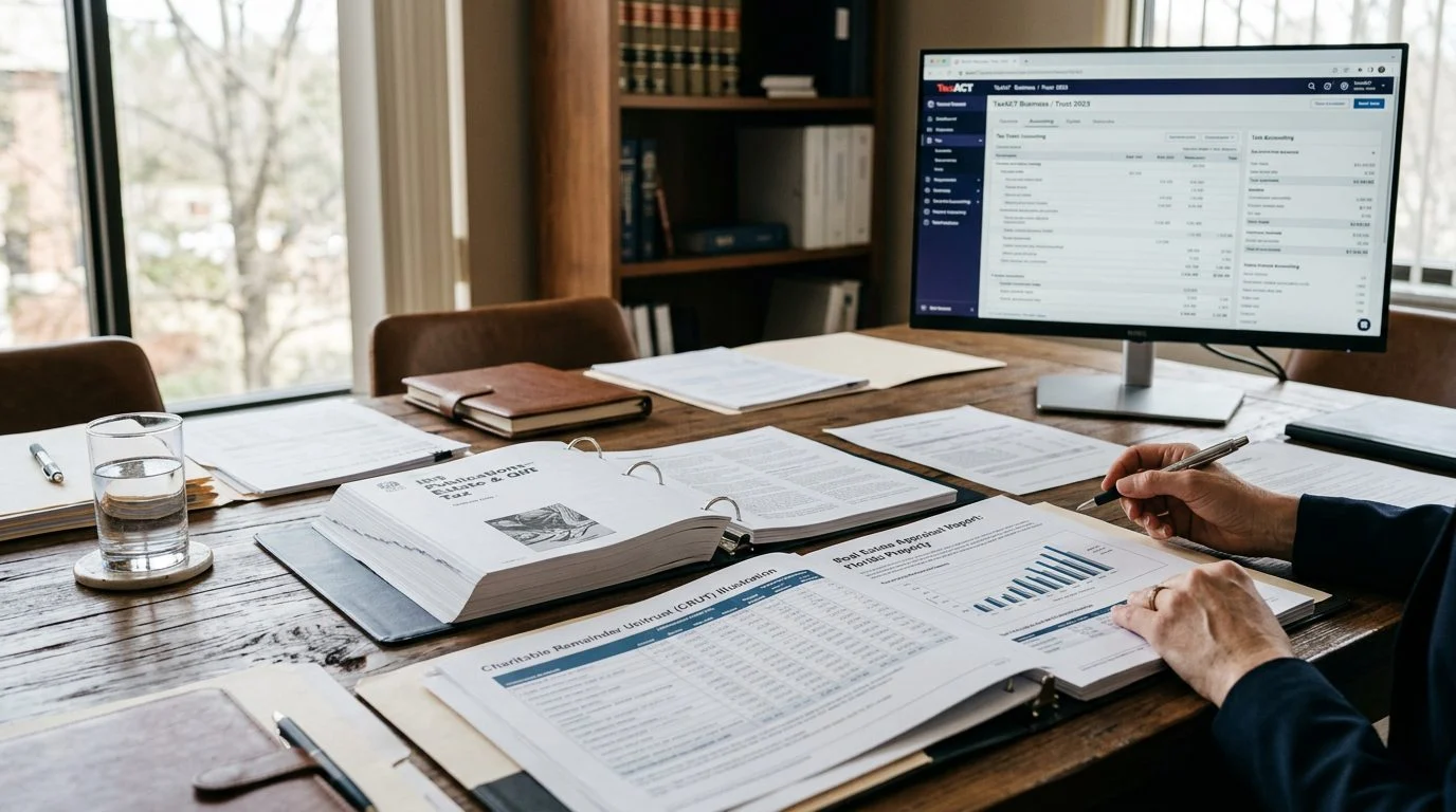 Desk with binders of IRS publications, trust illustrations, property appraisals, and a tax software screen on a conference table.