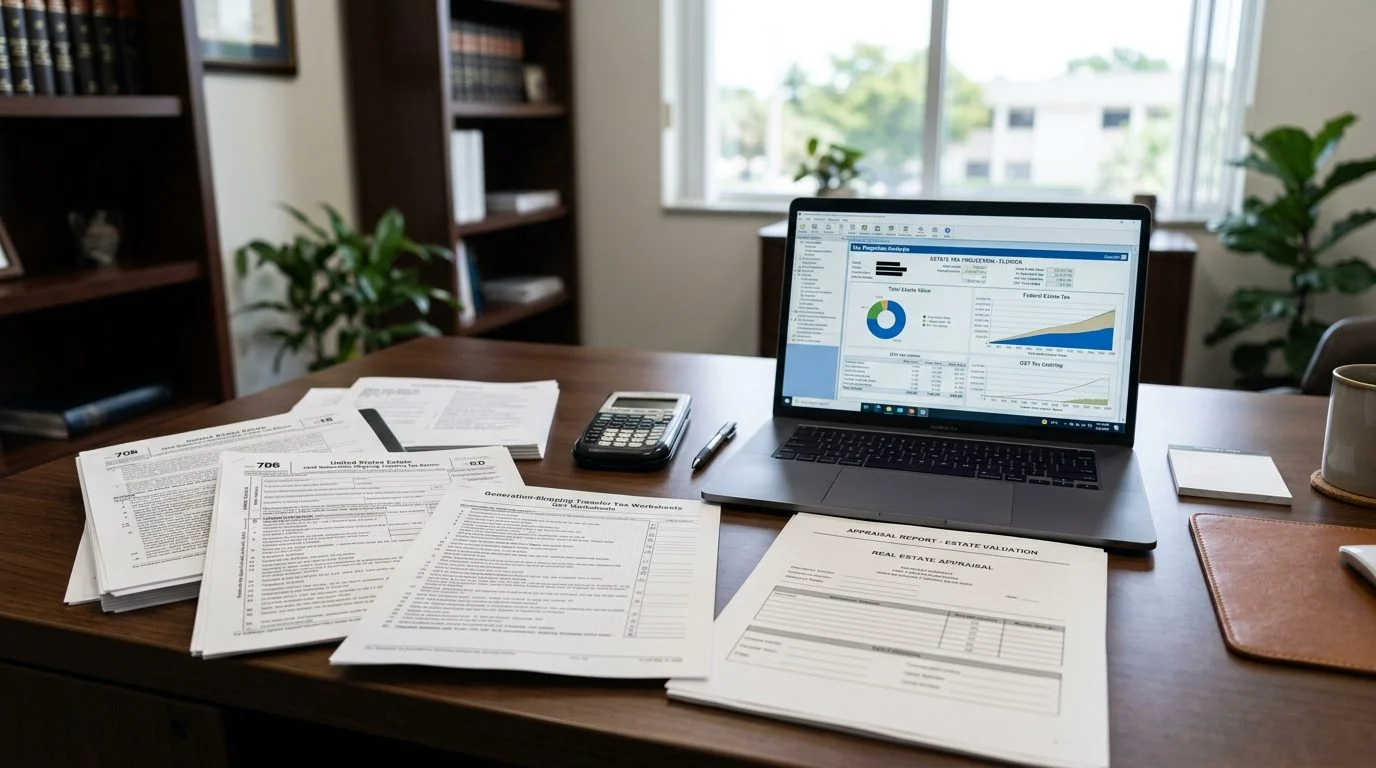 Desk with federal estate tax forms, generation-skipping transfer worksheets, valuation reports, and a computer showing tax projection software.