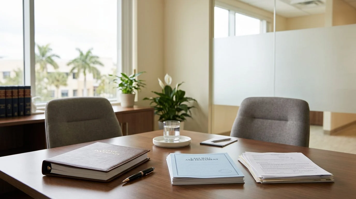 Desk with legal documents, a pen, and a pair of house keys in a quiet office setting.