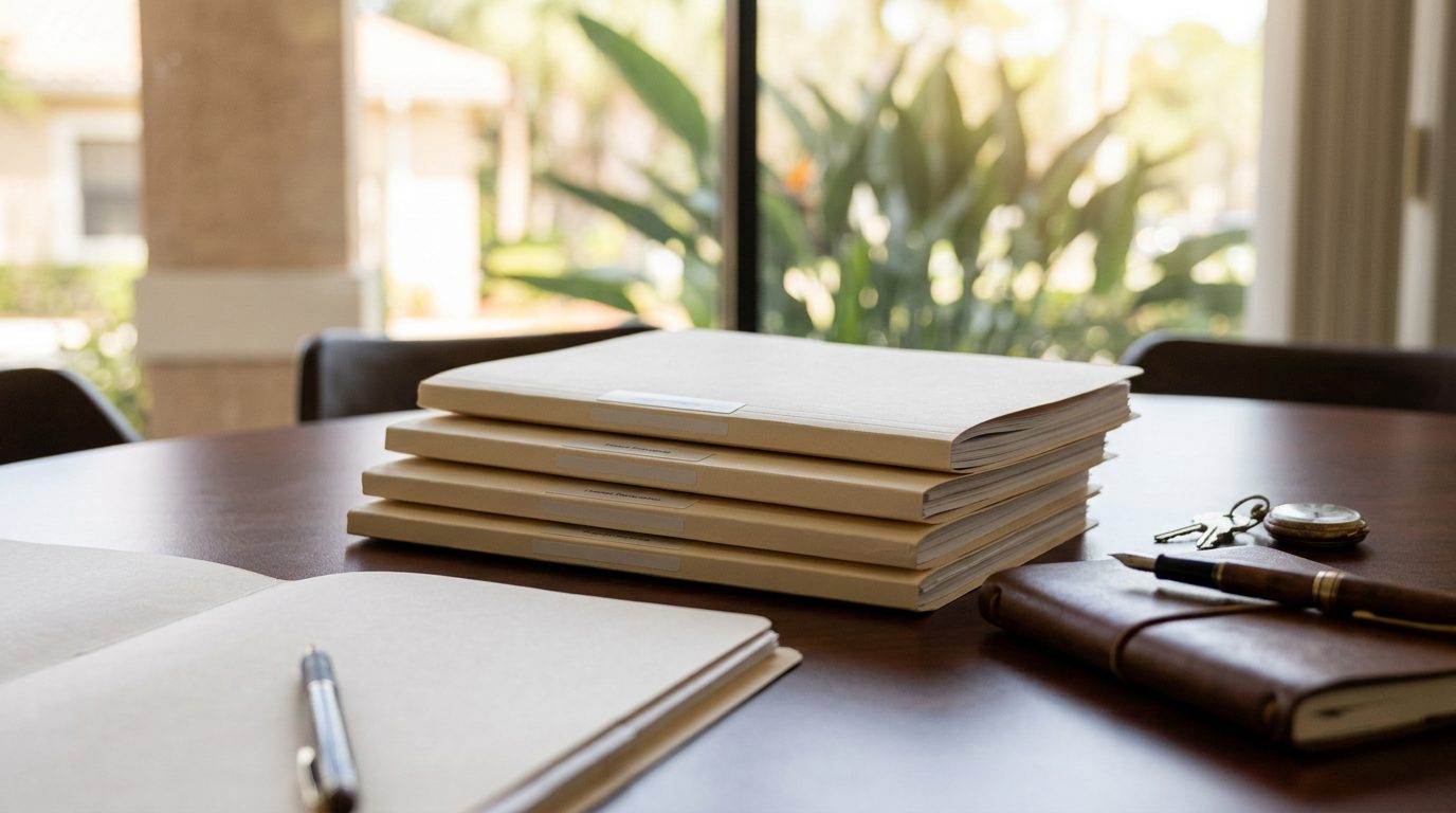 Desk with legal papers, a pen, and a house key, representing trust and estate planning in Florida.