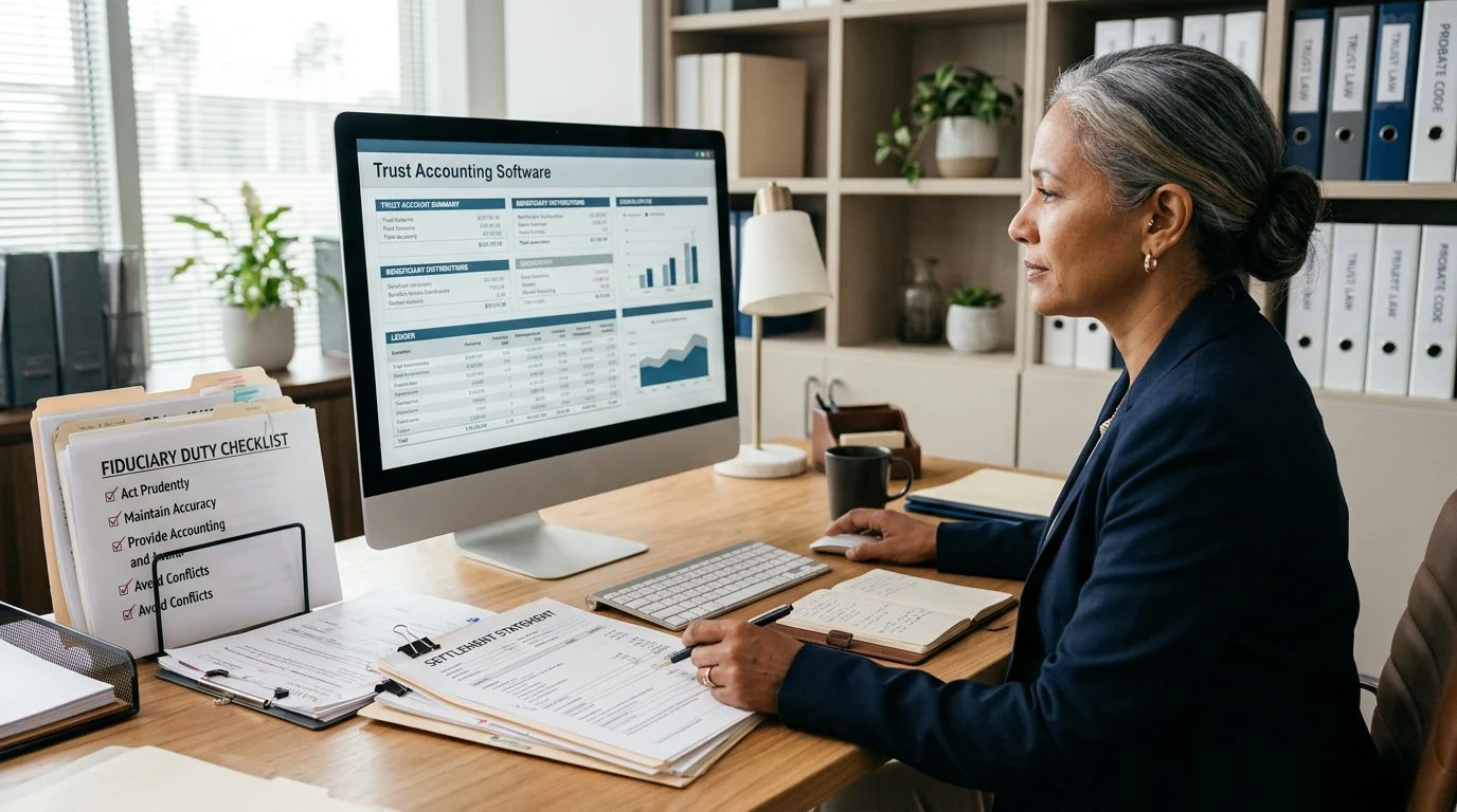 Desk with trust accounting software open on a computer screen, beside settlement statements and a fiduciary duty checklist.