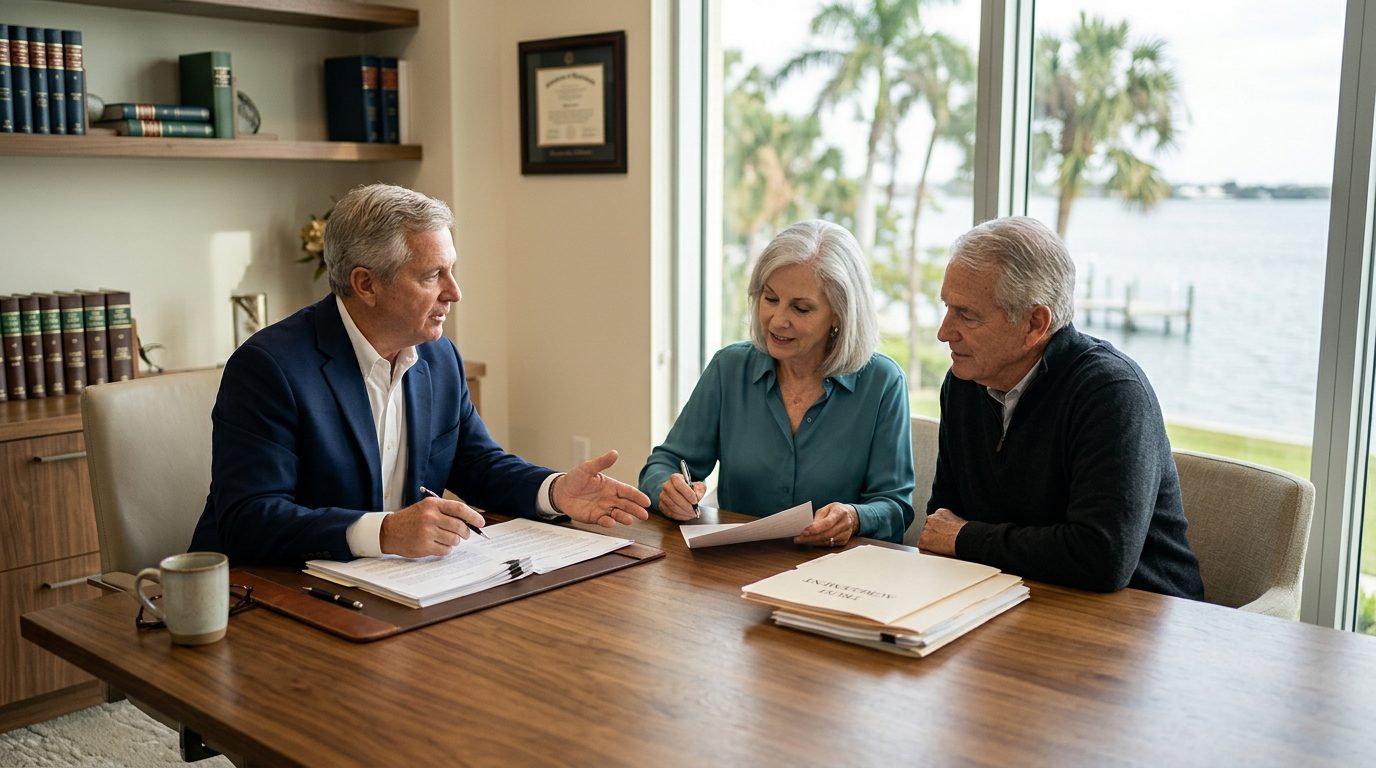 Desk with trust documents, a pen, and a calendar in a bright Florida home office.
