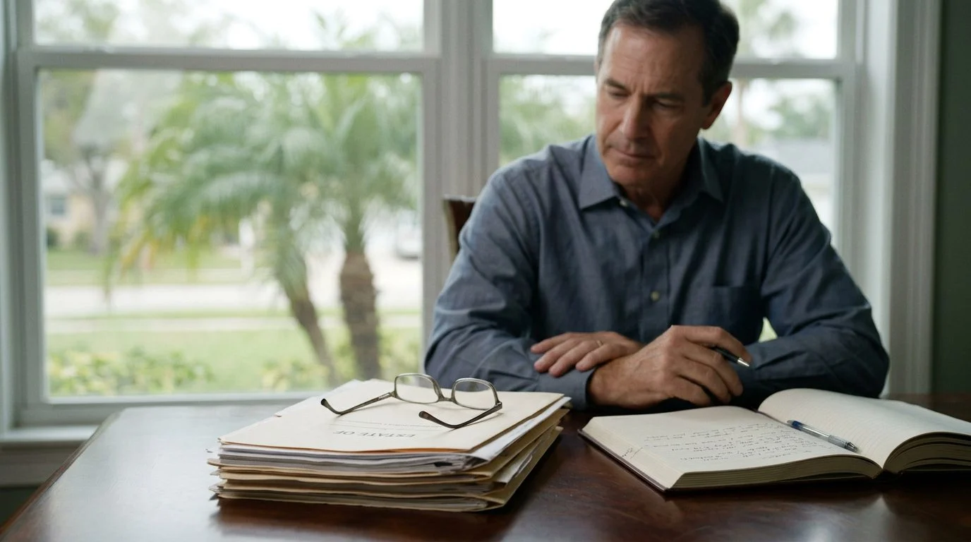 Documents, a pen, and a calculator on a wooden desk near a window, suggesting estate paperwork.