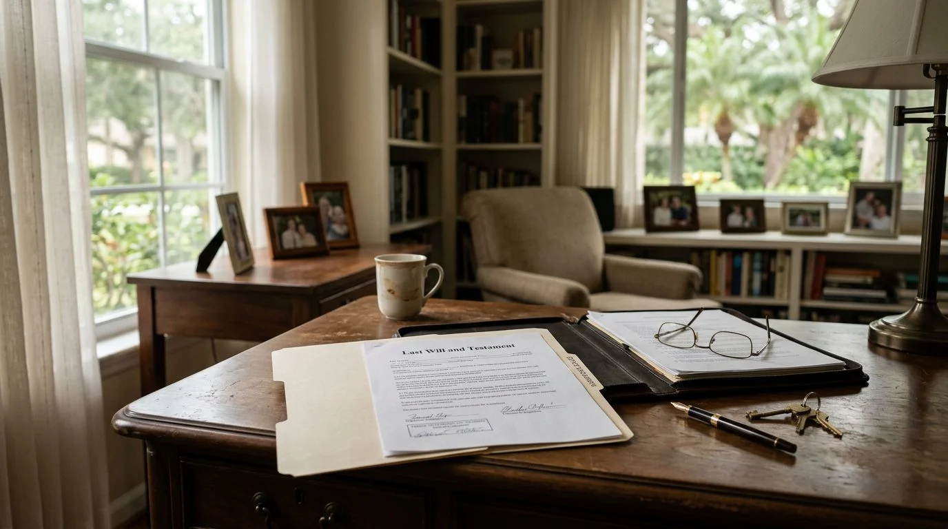 Documents and a pen on a desk beside a window in a Florida home, suggesting estate planning paperwork.
