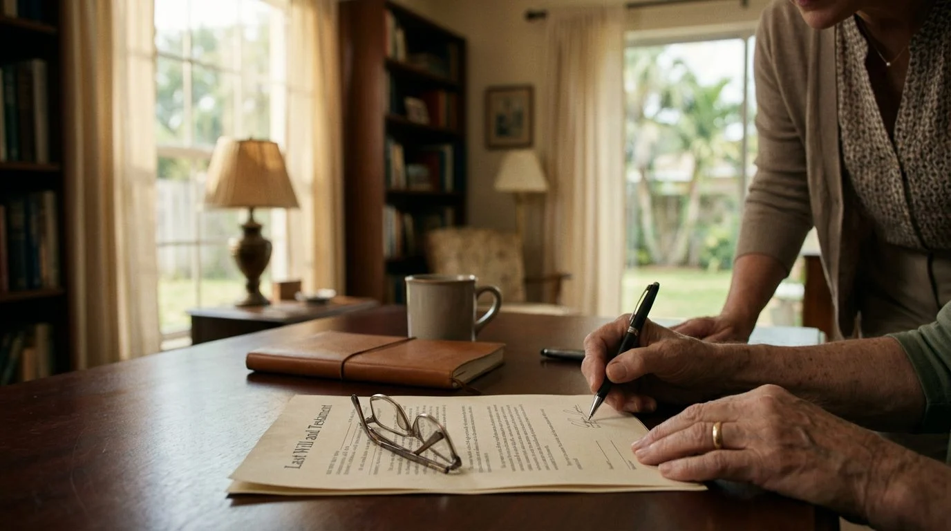 Documents and a pen on a wooden desk beside a window in a quiet Florida home.