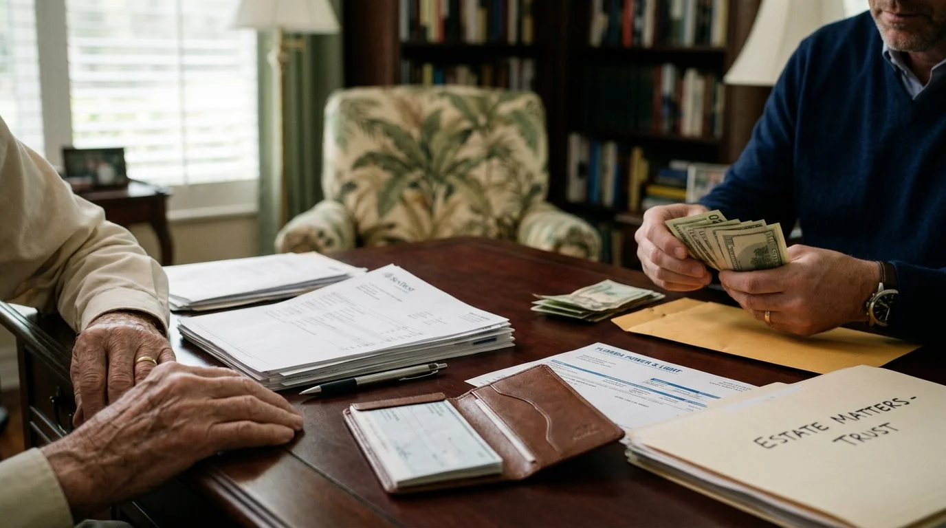 Empty wooden desk with a closed folder, pen, and reading glasses beside a window overlooking a Florida palm-lined street.
