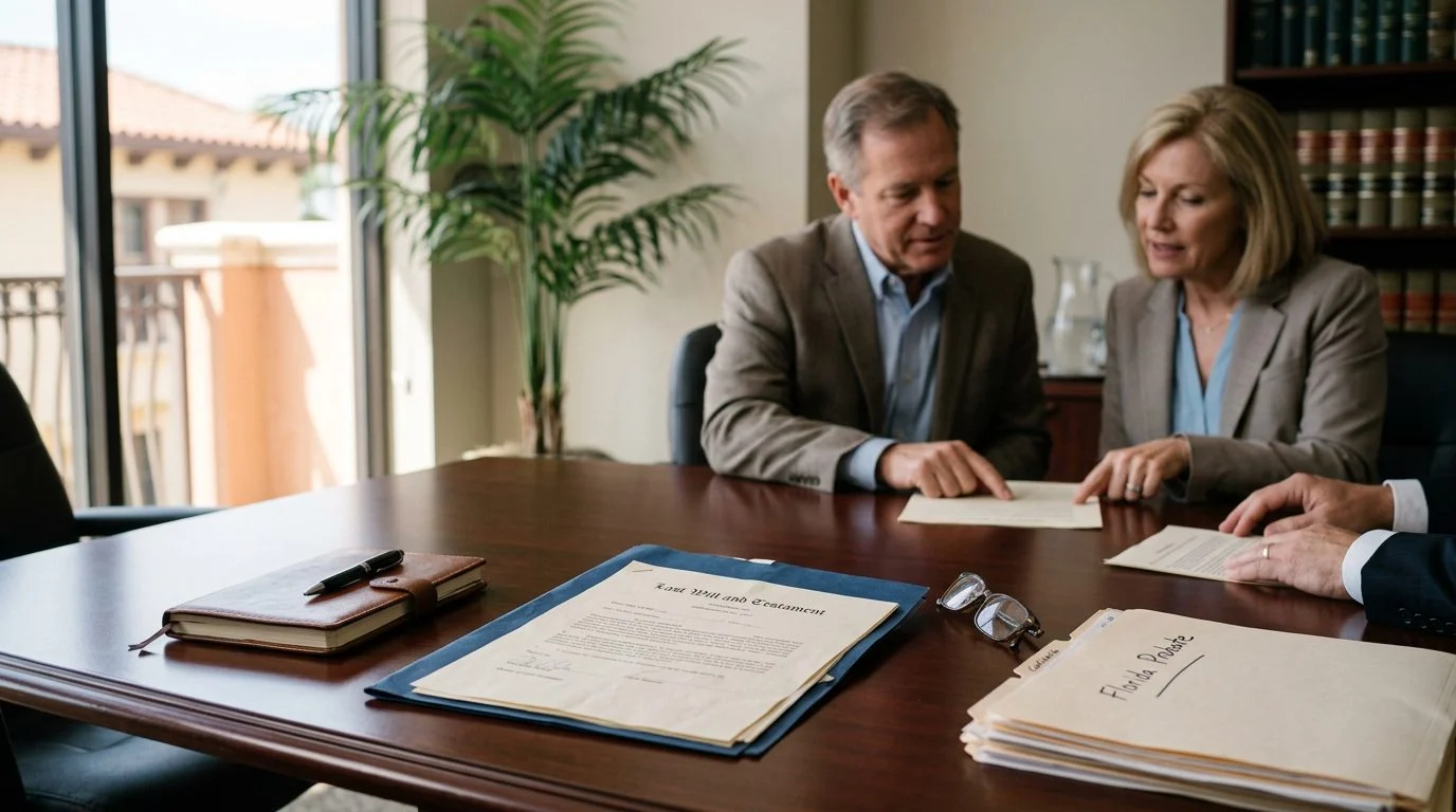 Estate papers, a pen, and a wooden gavel on a desk, representing inheritance claims in Florida.