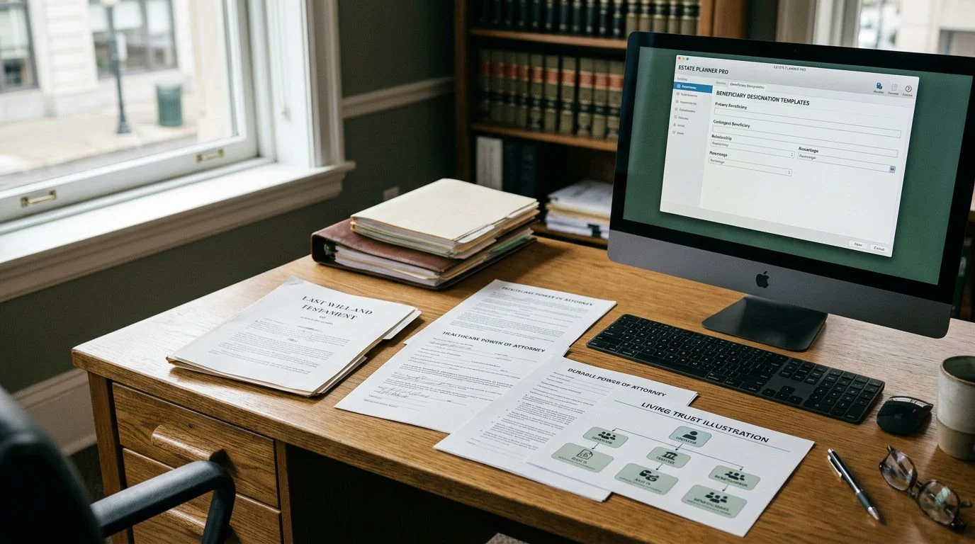 Estate planning attorney's desk with a completed will, power of attorney forms, a living trust illustration, and estate planning software on screen.