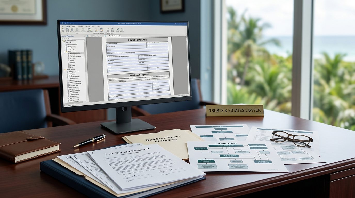 Estate planning attorney's desk with will, power of attorney forms, living trust documents, and beneficiary software on computer screen.
