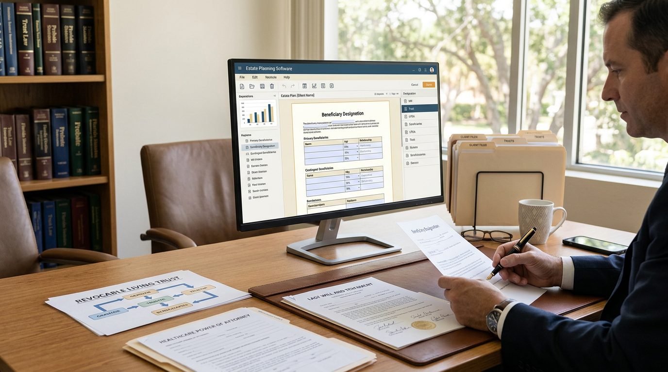 Estate planning attorney's desk with will, power of attorney forms, living trust documents, and beneficiary software on computer screen.