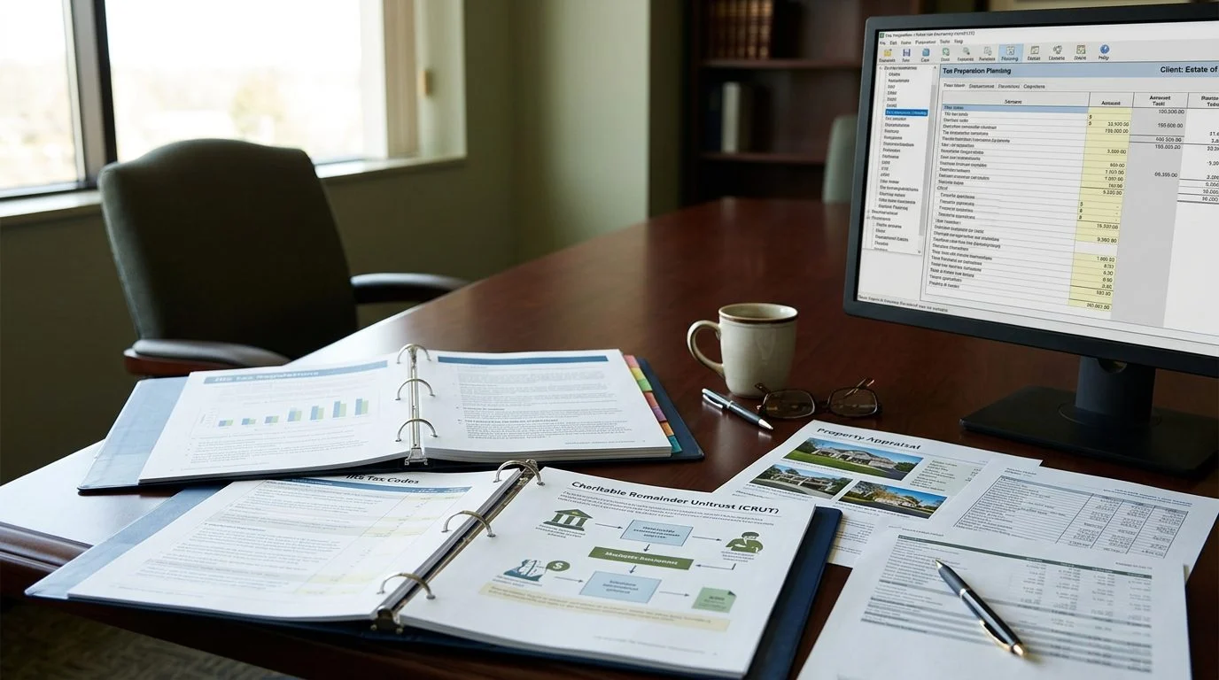Estate planning workspace with binders, appraisals, and trust illustrations spread across a conference table, with tax software on a nearby monitor.