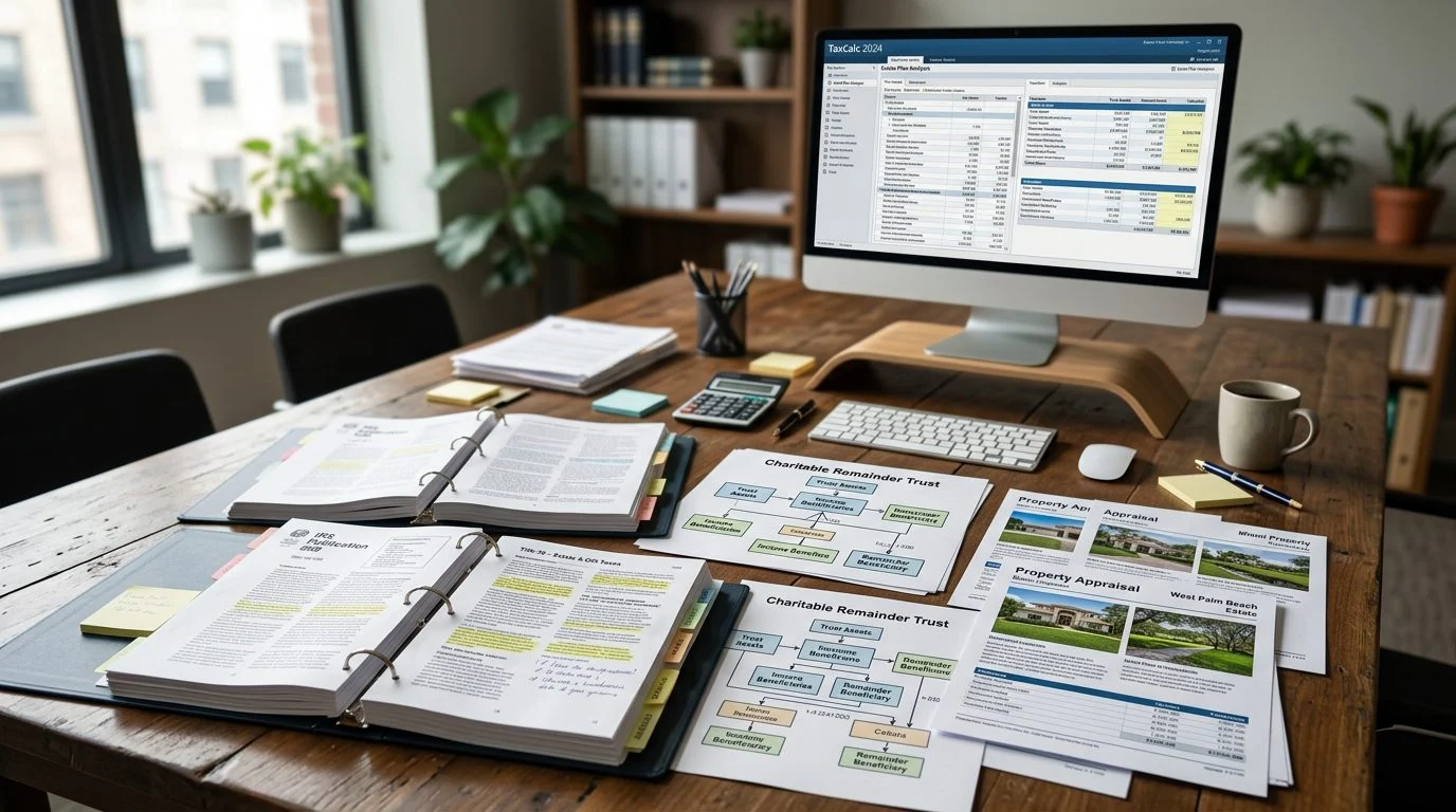 Estate planning workspace with binders, trust illustrations, property appraisals, and tax software on a conference table.
