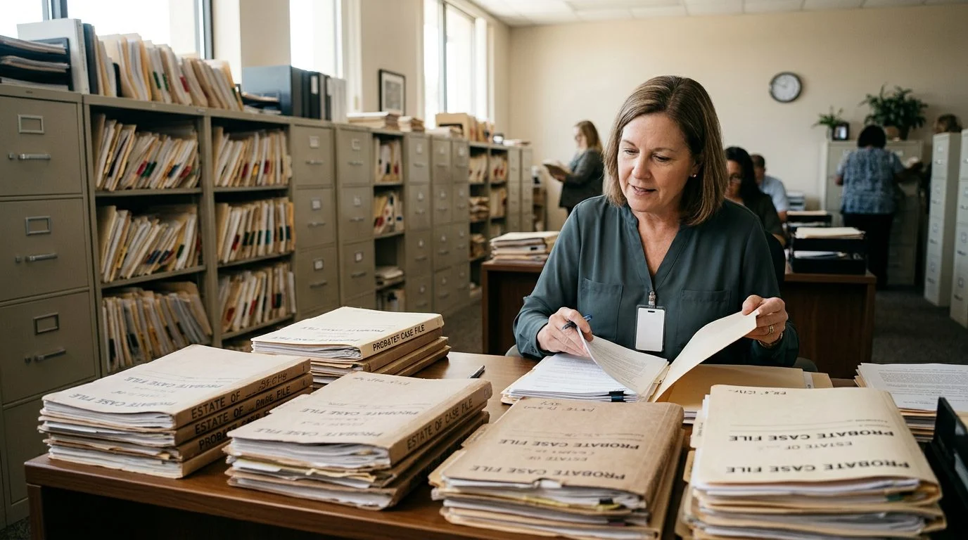 Filing cabinets and stacked case folders fill a probate clerk's office, reflecting the paperwork of estate proceedings.