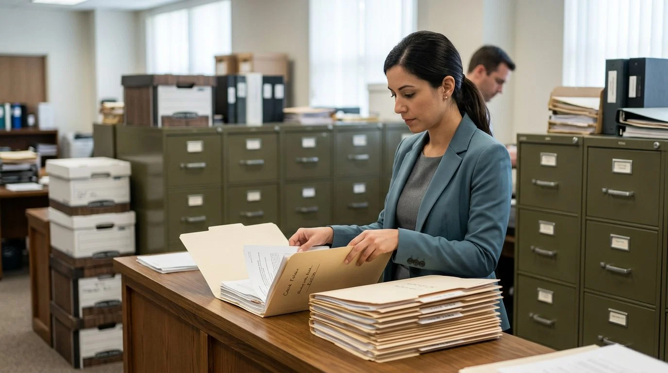 Filing cabinets and stacked case folders fill a probate clerk's office.