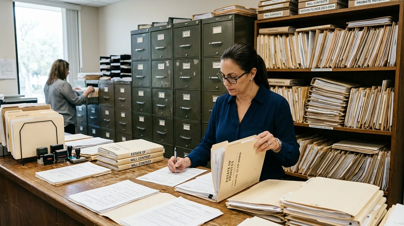 Filing cabinets and stacked case folders fill a probate clerk's office, reflecting the paperwork of estate proceedings.