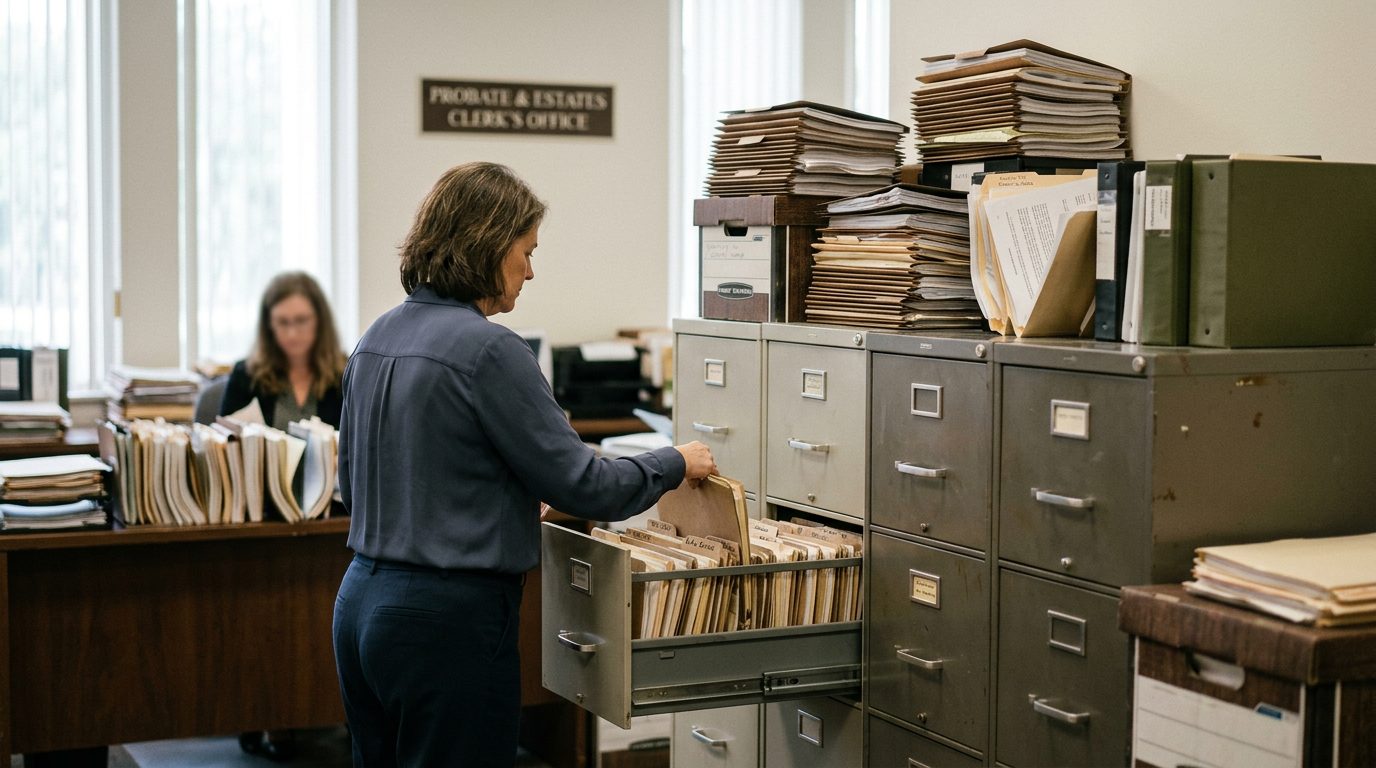 Filing cabinets and stacked case folders fill a probate clerk's office, reflecting the paperwork of contested estate cases.