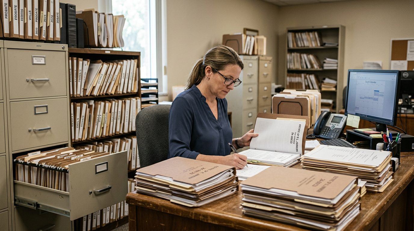 Filing cabinets and stacked case folders fill a probate clerk's office, reflecting the paperwork of contested estate cases.