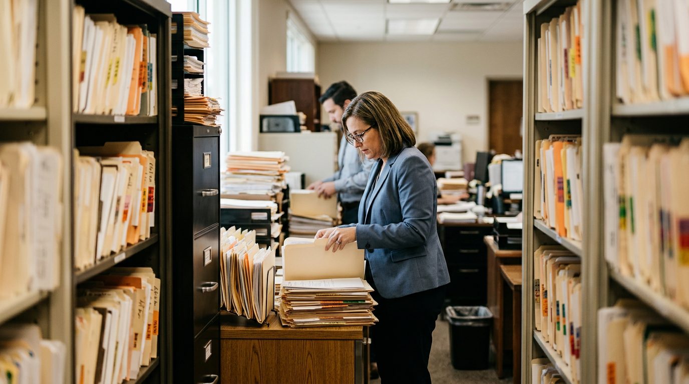Filing cabinets and stacked case folders fill a probate clerk's office, representing the paperwork of contested estate cases.