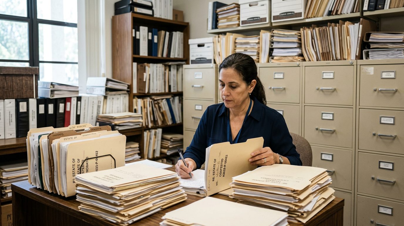 Archivadores y carpetas apiladas llenan una oficina de sucesiones, reflejando el papeleo de los casos hereditarios disputados.