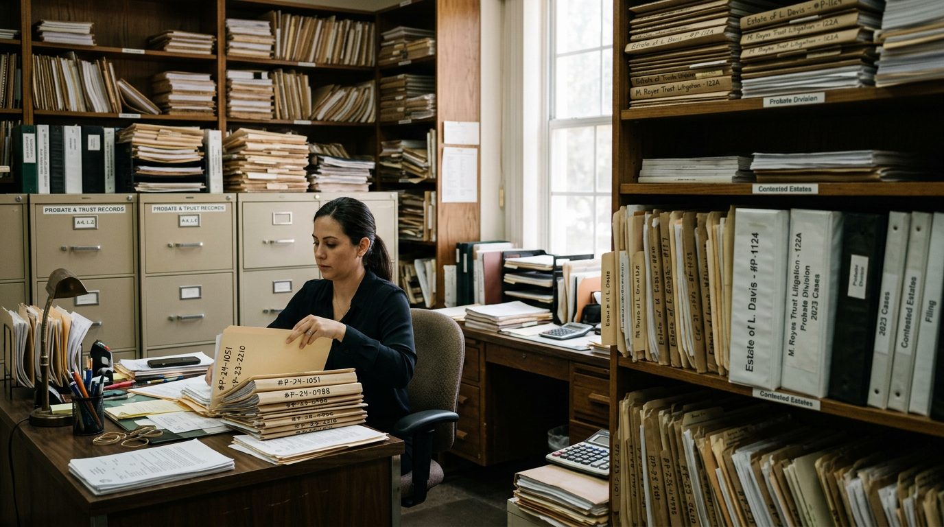 Filing cabinets and stacked case folders fill a probate clerk's office, reflecting the paperwork of contested estate proceedings.