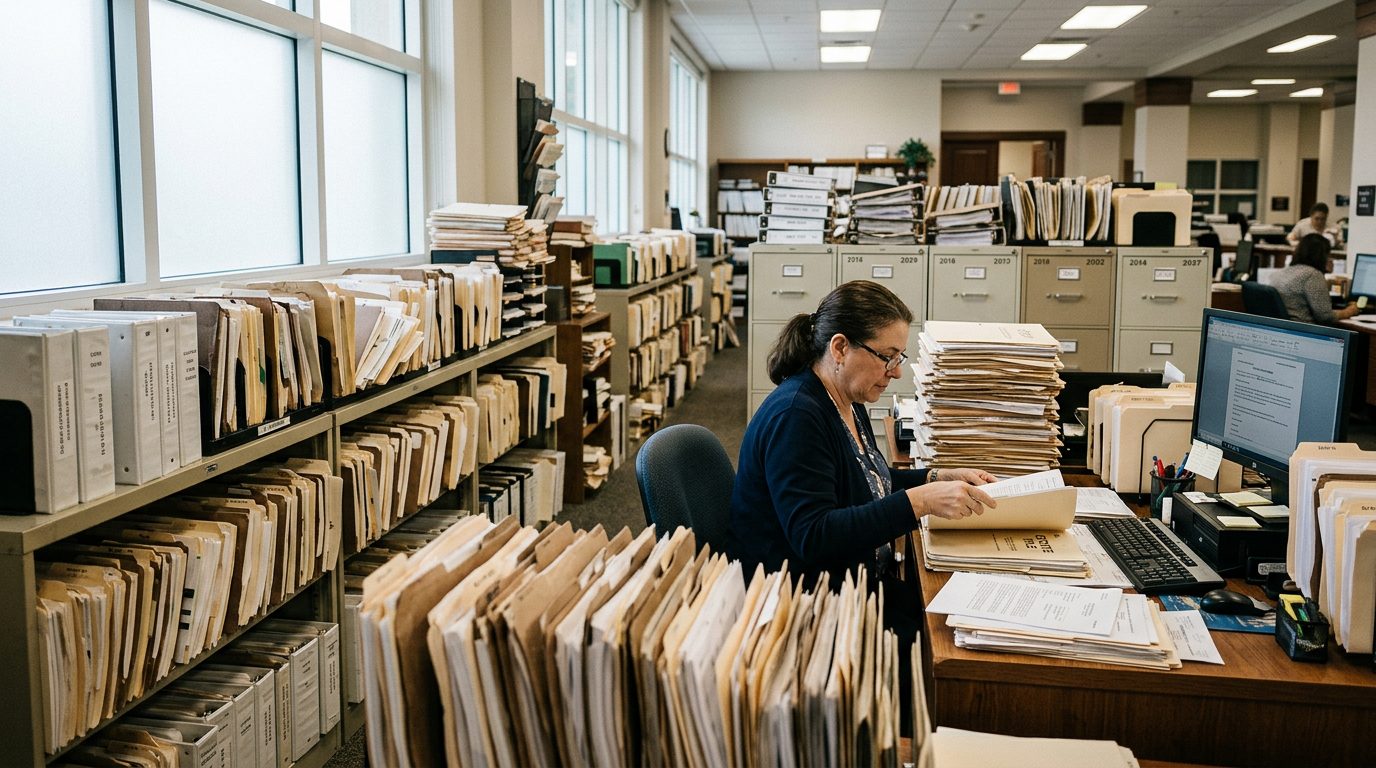 Filing cabinets and stacked case folders fill a probate clerk's office, reflecting the paperwork of contested estate proceedings.