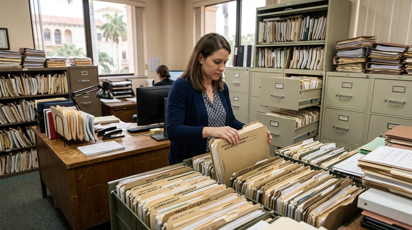 Filing cabinets and stacked case folders in a probate clerk's office, reflecting the paperwork of contested estate cases.