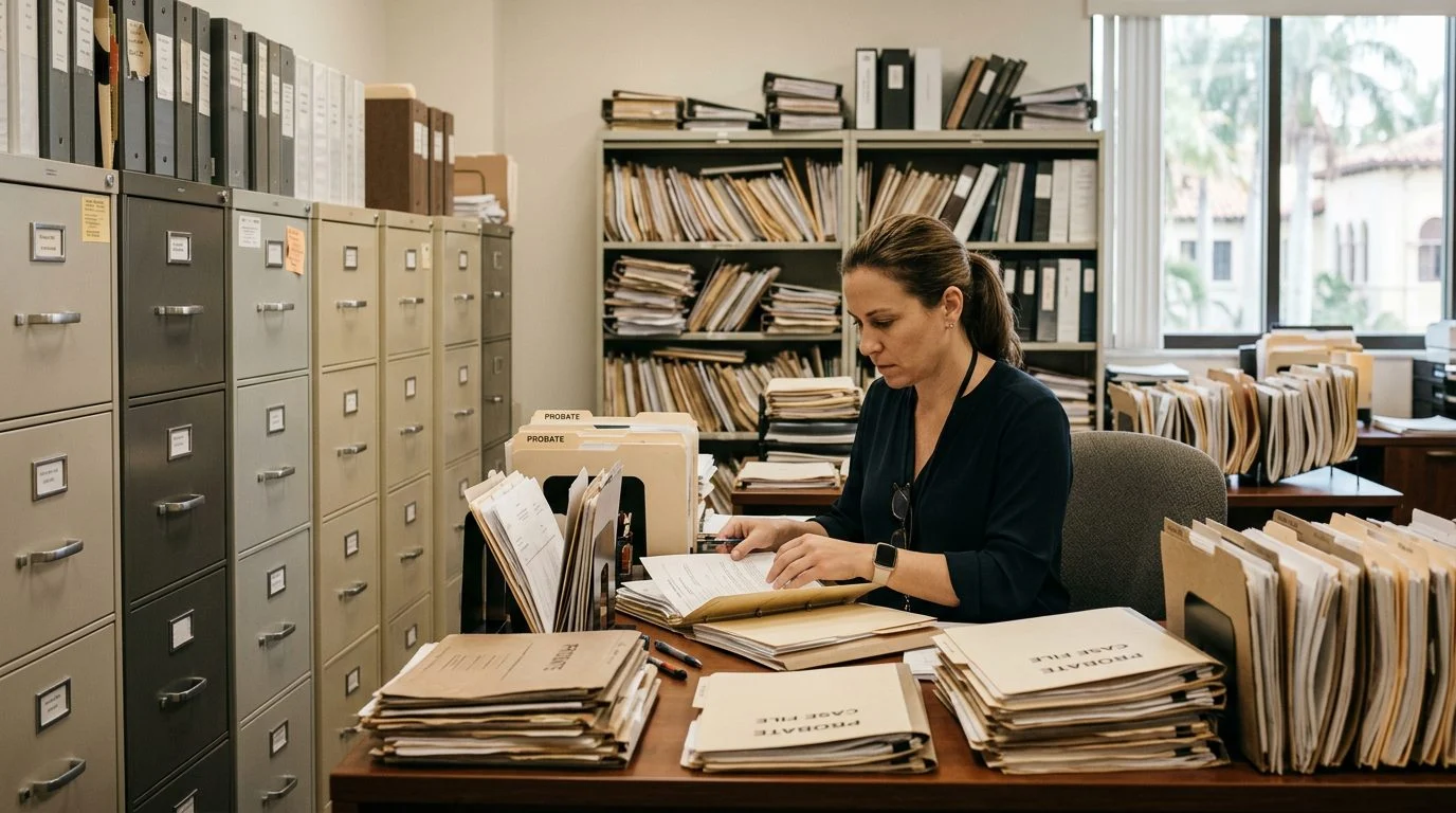 Filing cabinets and stacked case folders in a probate clerk's office, representing contested estate proceedings.