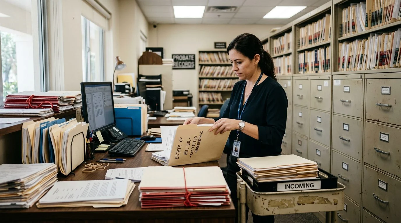 Filing cabinets and stacked case folders in a probate clerk's office, reflecting the paperwork of contested estate cases.