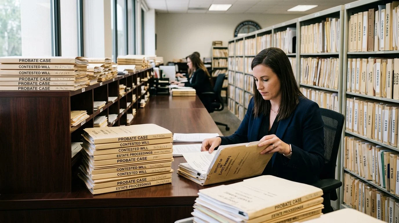 Filing cabinets and stacked case folders in a probate clerk's office, reflecting the paperwork involved in contested estate cases.