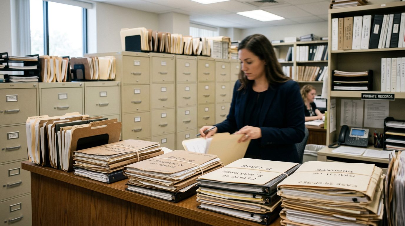 Filing cabinets and stacked case folders in a probate clerk's office, reflecting the paperwork of contested estate cases.