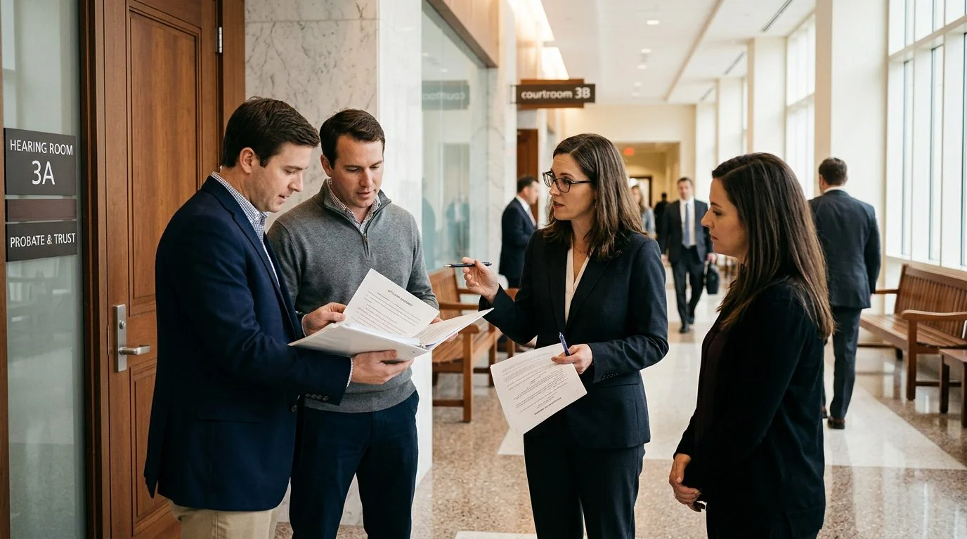 Hallway outside a probate courtroom where beneficiaries and their attorneys review settlement papers before arguments.