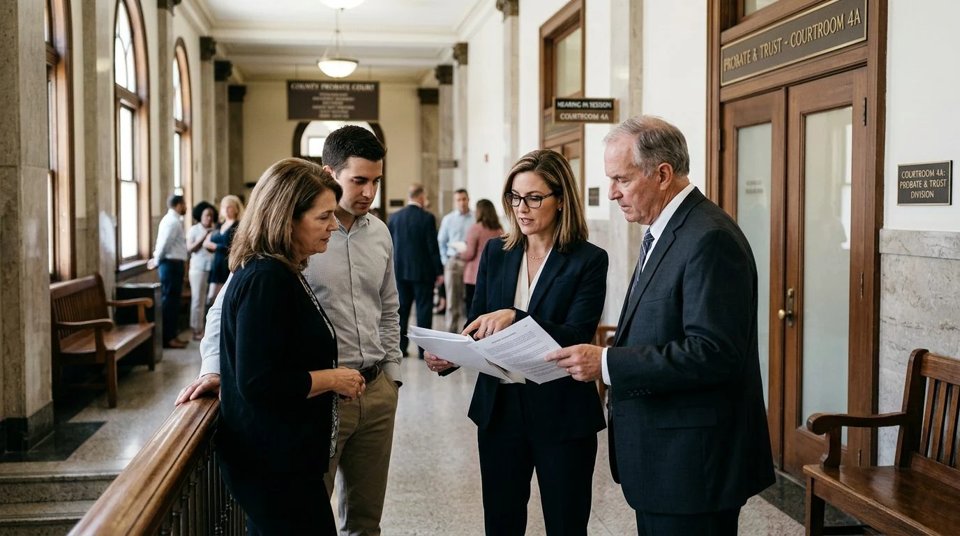 Hallway outside a probate courtroom where beneficiaries and attorneys review settlement papers before a hearing.