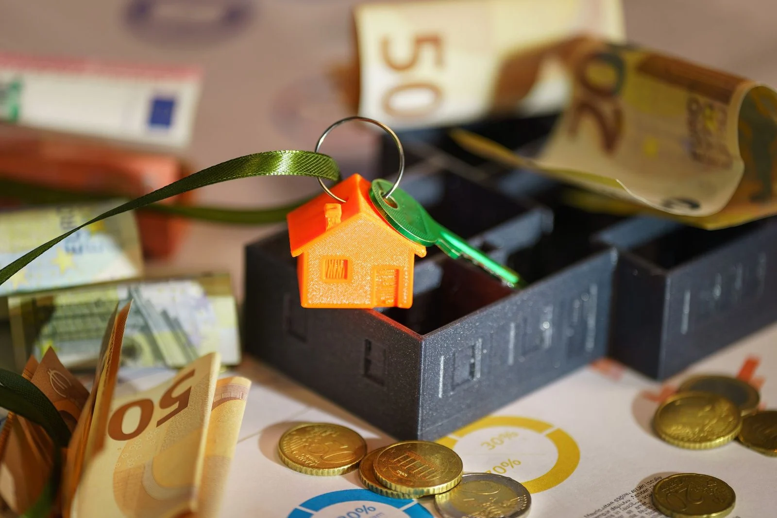 Keychain, euro coins, and printed financial charts arranged on a desk for a real estate investment theme.