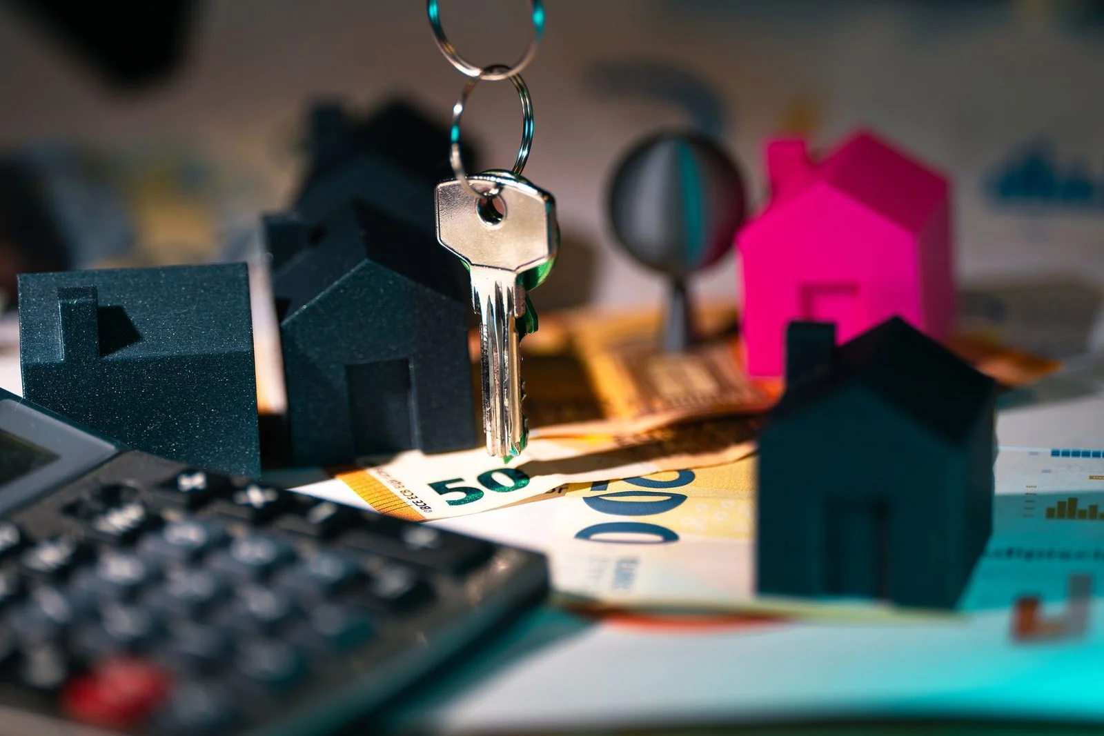 Keys, a model house, and euro banknotes arranged together to represent real estate finance.