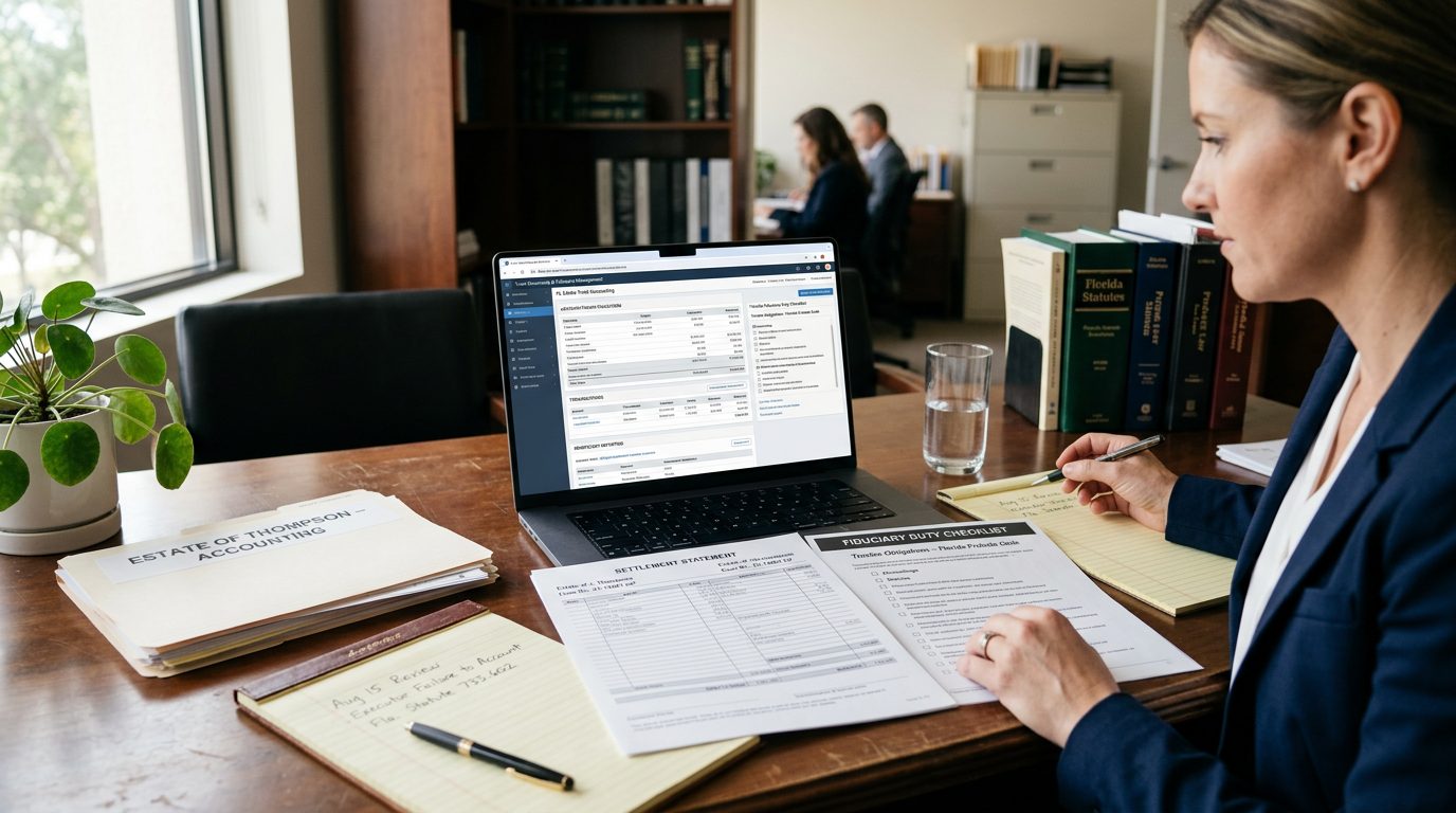 Computadora portátil con software contable junto a documentos de liquidación y una lista de deberes fiduciarios sobre un escritorio.
