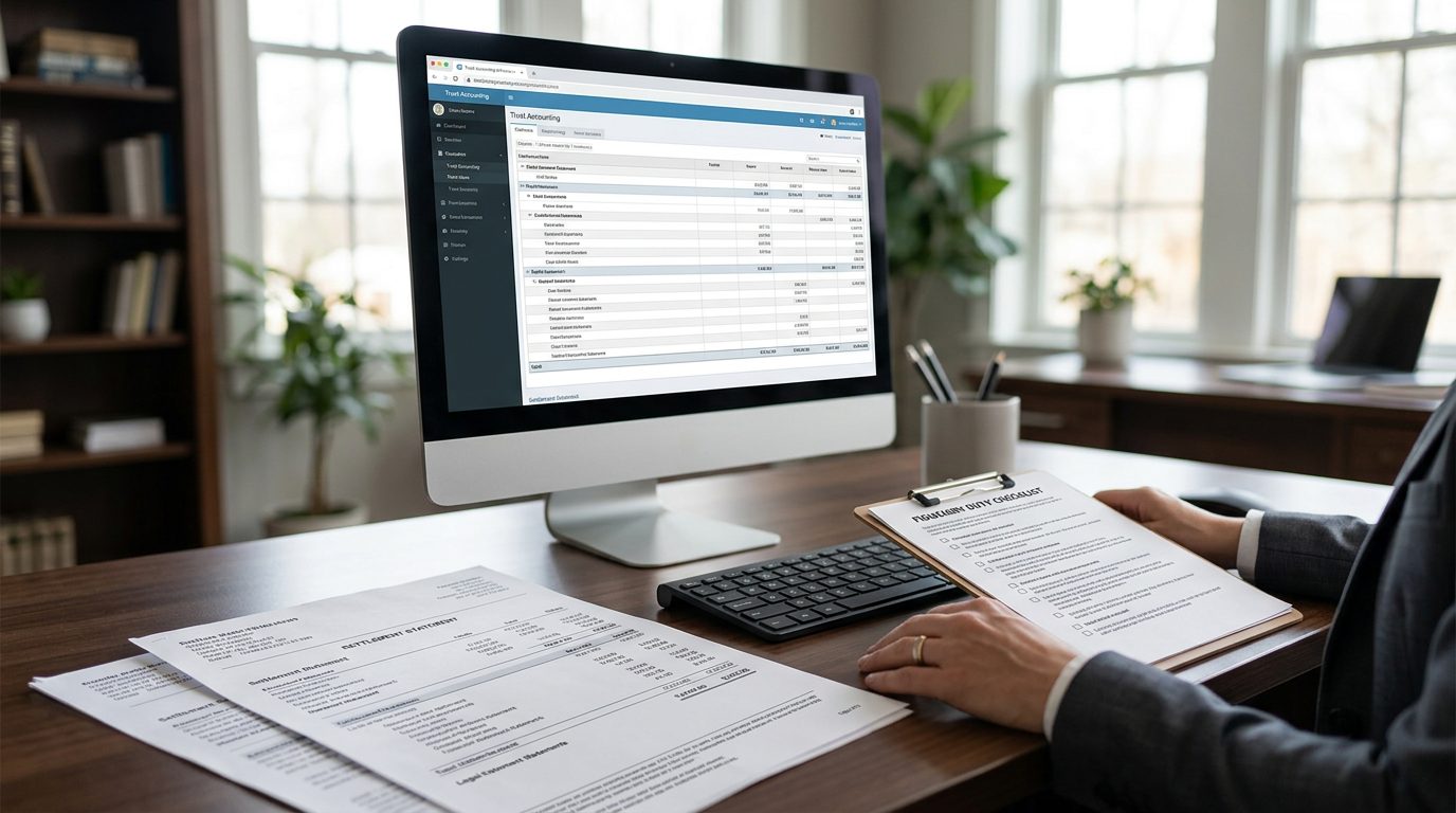 Una computadora portátil con software de contabilidad fiduciaria junto a estados de liquidación y una lista de deberes fiduciarios sobre un escritorio.