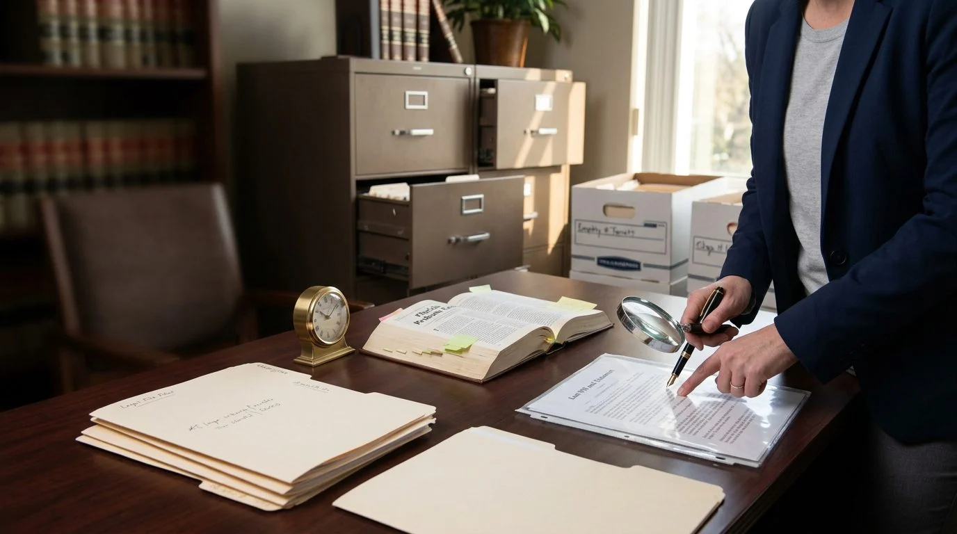Legal documents, a case folder, and a pen arranged on a wooden desk for a Florida missing-will probate matter.