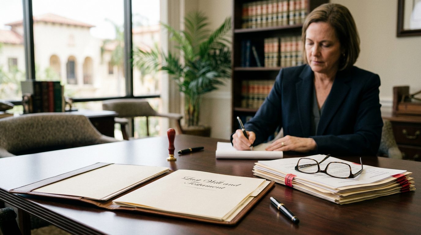Legal papers, a calculator, and a pen arranged on a desk, suggesting the costs of contesting a will in Florida.
