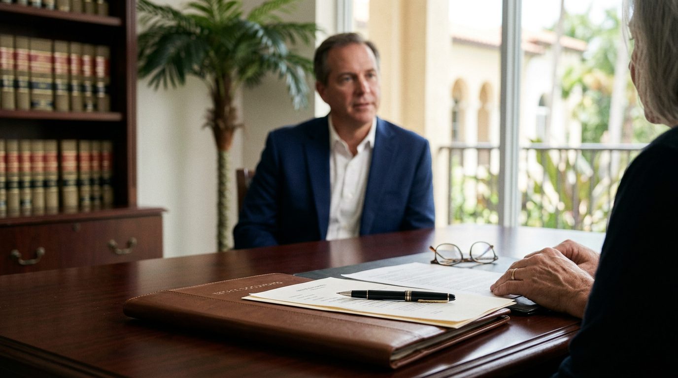 Legal papers, a pen, and a wooden desk set up for reviewing a will contest in Coral Gables, Florida.