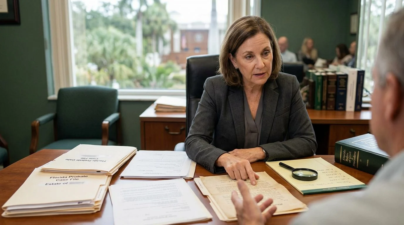 Legal papers and a pen arranged on a desk in a quiet office.
