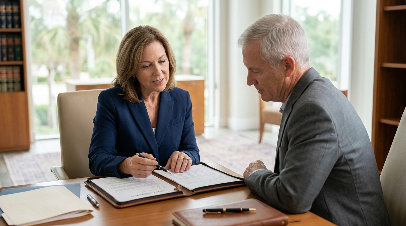 Legal trust documents, a pen, and a house key on a wooden desk for a Florida estate planning guide.