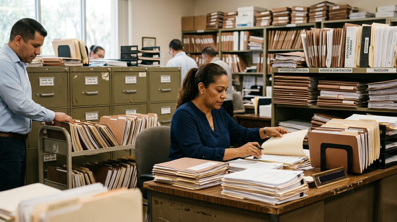 Oficina de litigio sucesorio con archivadores y expedientes de herencias en disputa.
