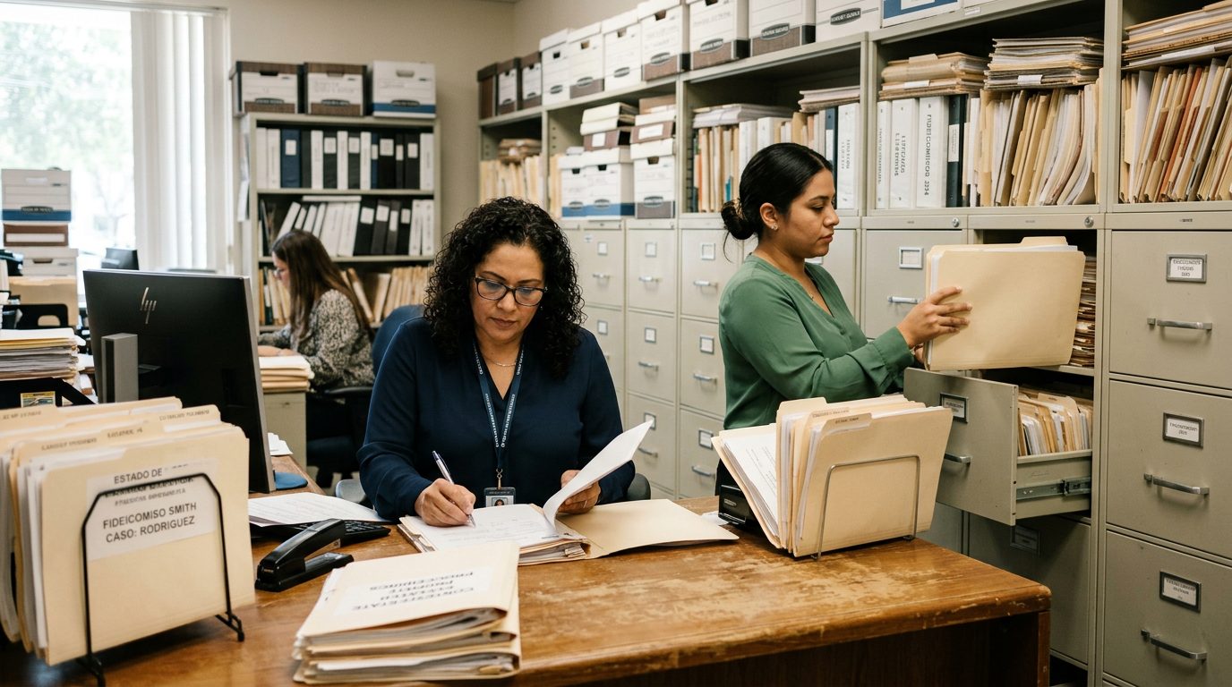 Oficina de litigios de fideicomisos con archivadores y expedientes de casos en Boca Ratón.